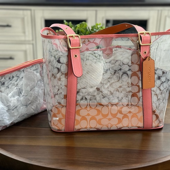 Coach Pink lemonade &  Tan Women's clear Tote NWOT - Picture 2 of 4